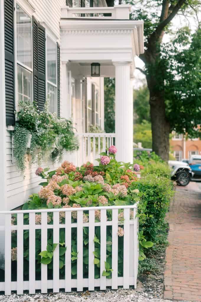 Charming white house with black shutters in downtown Nantucket, window boxes with greenery, a white picket fence, blooming hydrangeas, and a brick sidewalk lined with trees—captured perfectly by Nantucket family photographer Kaity Farrell.
