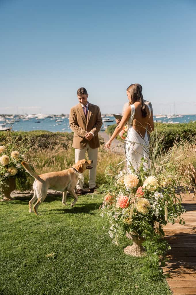 A man and a woman stand outside near floral arrangements and a dog, with boats and water in the background on a sunny day—captured perfectly by a Nantucket wedding photographer.