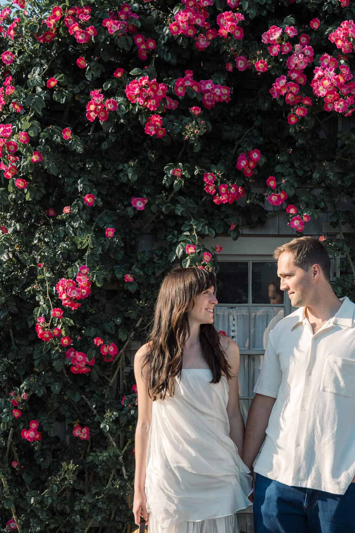 A couple stands holding hands in front of a Nantucket cottage covered with blooming pink roses, looking at each other and smiling during their engagement photo session with Nantucket photographer Kaity Farrell.