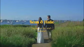 A couple walks on a wooden path through grass toward water, with text reading "Sean & Halie, September 20, 2023, Nantucket.
